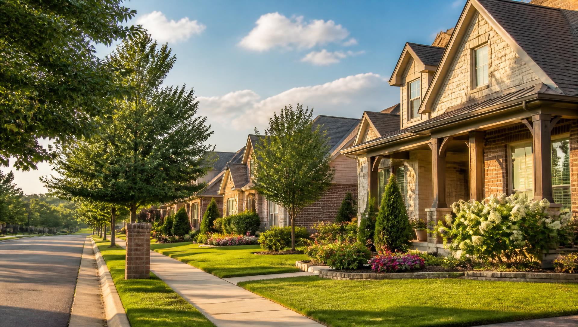 A sunlit residential street in Edmond, Oklahoma with green lawns and mature trees